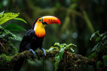Fototapeta premium Brightly colored toucan with large orange beak perched on mossy branch surrounded by lush green leaves in vibrant tropical rainforest setting