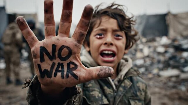 A child's plea for peace, with 'NO WAR' written on their hand, highlighting the devastating impact of conflict on innocent lives