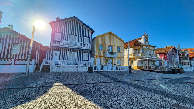 Traditional colorful striped houses in Costa Nova Aveiro.
