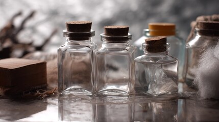 Empty apothecary glass jars outdoors for vintage pharmaceutical branding and rustic lifestyle product photography composition