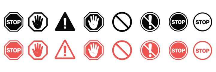 Red stop sign icon set, stop sign with hand, warning sign, attention, prohibition, danger, alert, and road sign, vector illustration ©  Gene D. Lopez