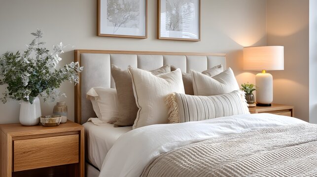 A bed with a white headboard and pillows, and a lamp on the nightstand