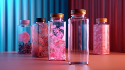 Glass bottles filled with dried petals on vibrant background for fragrance branding and apothecary style product photography layout