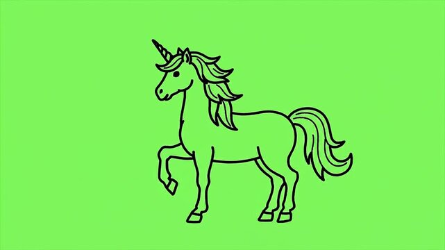 Animated unicorn line drawing moving its leg against green screen background for easy masking