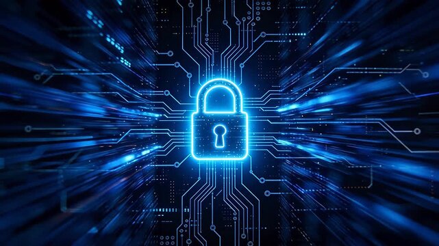 Blue digital padlock icon surrounded by glowing circuit lines