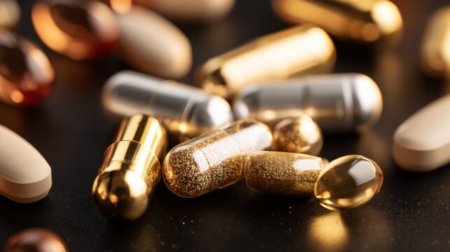 Gold and silver capsules macro shot representing luxury supplements vitamins and health concept