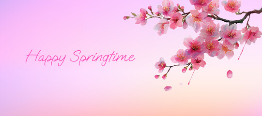 Obraz premium Hello Spring. Spring banner with sakura branch. Watercolor spring flowers with pink sakura flowers for a floral banner design. 