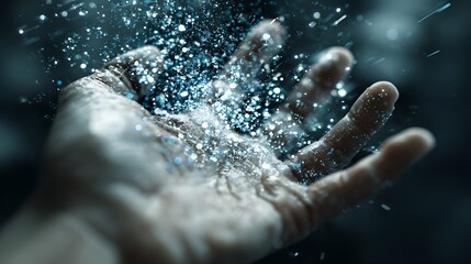 Hand Releasing Sparkling Blue And Silver Glitter Particles image photo