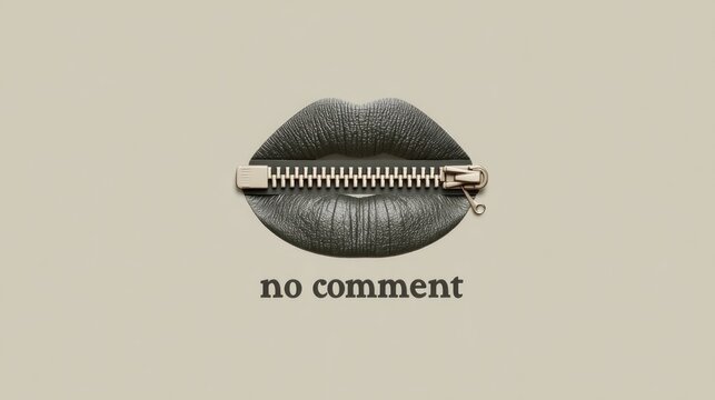 Closed lips are represented in a graphic design. The mouth area is replaced with a zipper. Underneath are the words no comment displayed