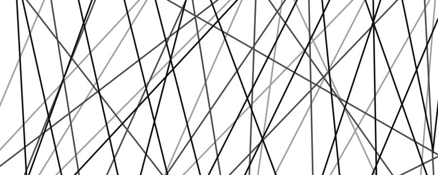 Abstract chaotic line pattern with random geometric angles. Modern black and white linear background texture featuring diagonal straight lines in asymmetric arrangement. Vector illustration.