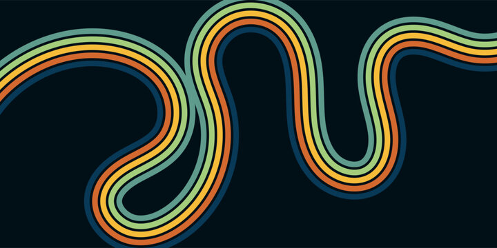 Abstract colorful 70s background vector. Vintage retro wallpaper with rainbow stripes and wavy lines. A 1970 color illustration suitable for posters, banners, decorative items and wall art.