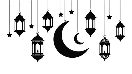 Fototapeta premium Elegant ramadan decorations featuring crescent moon and hanging black lanterns