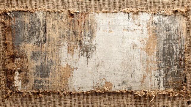 A distressed and weathered wood surface with peeling paint and rough texture is mounted on a coarse canvas, showcasing age and artistic wear - Powered by Adobe