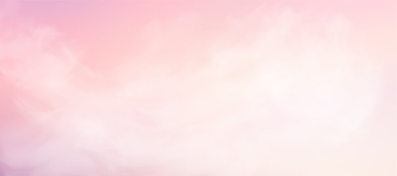 Abstract gradient sky with realistic pastel clouds in pink tones. Dreamy pink background of an evening or morning sky with soft clouds. Vector illustration.