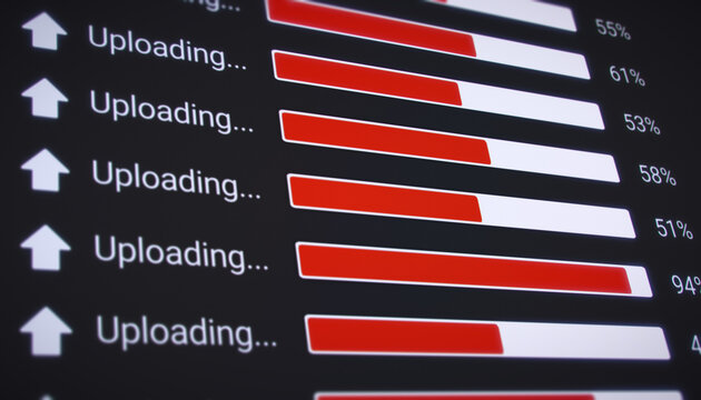 Illustration of the process of uploading multiple files from the Internet on a computer monitor screen. A computer monitor displaying information about the data upload in real time, including percenta