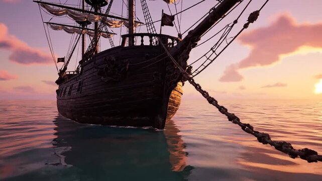 Majestic Pirate Galleon Anchored in a Serene Ocean During a Golden Sunset