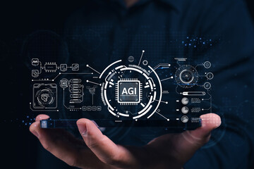 A hand holds a smartphone displaying digital technology graphics, symbolizing advanced artificial intelligence and data visualization.