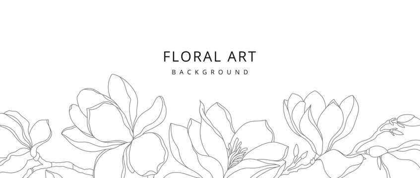 Floral background with a magnolia blossom frame in a line art style. Hand drawn flower border. Vector illustration for card, banner, print, cover, wedding invitation, packaging
