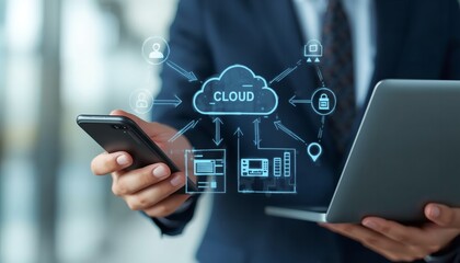 A businessman using a smartphone and laptop to access cloud computing services