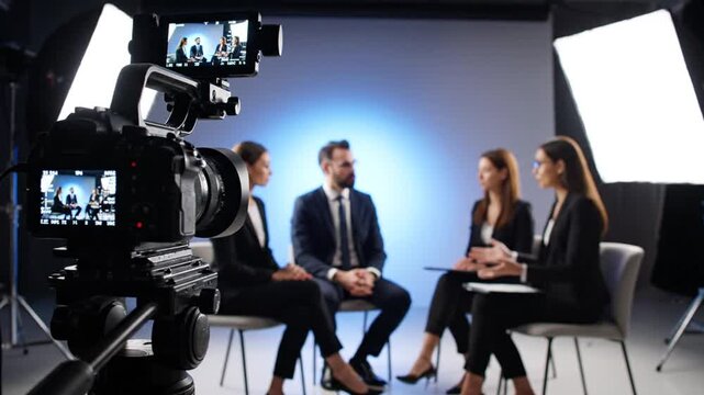 Behind the scenes of a professional business interview in a modern television studio with camera and lighting equipment