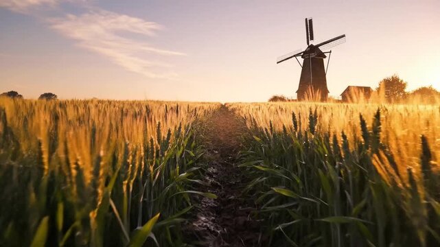 Scenic wheat field at sunset with traditional dutch windmill and path through golden stalks