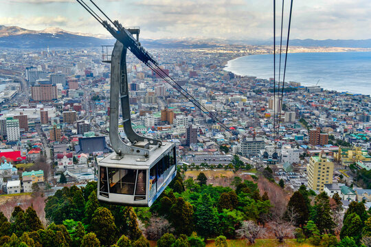 Hakodate Ropeway with Beautiful landscape and cityscape from Mount Hakodate in winter season. landmark and popular in Hokkaido, Japan