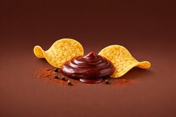 Barbecue Sauce with Chips on Brown Background
