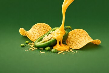 Cheese Sauce Pouring on Jalape&ntilde;o and Chips