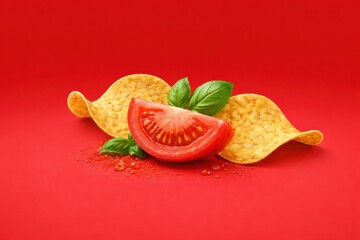 Vibrant Tomato and Chips on Red Background
