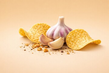Garlic and Chips on Beige Background