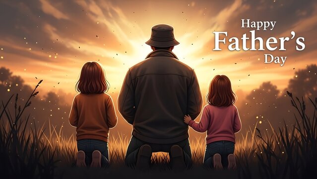 A heartwarming father's day scene of a man and two children watching sunset - Powered by Adobe