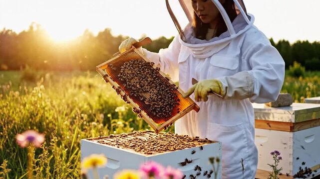 Dedicated beekeeper diligently working with active beehives in a sun-drenched rural field, carefully inspecting a frame bustling with bees for honey production
