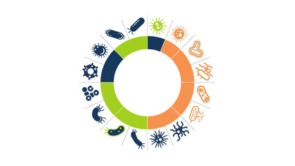 Obraz premium Radial infographic displaying various types of microorganisms and cellular structures, ideal for scientific and educational contexts.