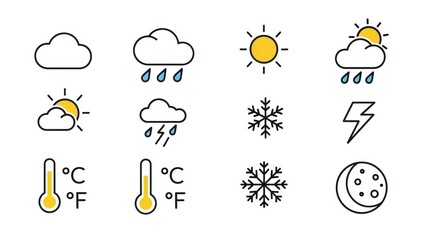 Weather Icons Set: Sun, Clouds, Rain, Snow, Lightning, Temperature, Moon