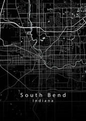 Minimalist black map of South Bend, Indiana &ndash; A modern map print highlighting infrastructure of the city, useful for tourism purposes
