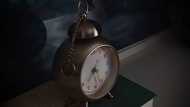 A moody, atmospheric time-lapse video of a vintage-style metallic analog alarm clock resting on a stack of old books in dim light. The clock hands spin rapidly, emphasizing the fast passage of time an
