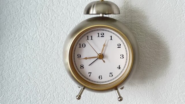 A time-lapse video of a classic, retro-style silver and gold analog alarm clock on a white, textured background. The clock hands spin rapidly, emphasizing the fast passage of time. Ideal for concepts 