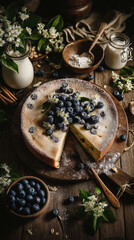 Fresh homemade blueberry cake dusted with powdered sugar on a rustic wooden table, surrounded by milk, cinnamon, oats and spring flowers, creating a cozy natural dessert atmosphere