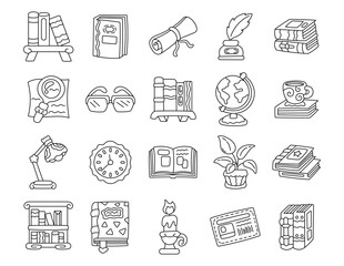 Library set in outline line art featuring books reading study objects knowledge learning workspace education and cozy intellectual atmosphere for your illustration