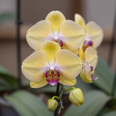 Close-up of a yellow orchid with buds on stem. Soft blurred background
