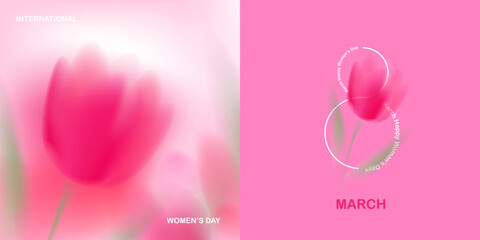 Naklejka premium Spring floral cards set. Blurred gradient ethereal flowers. Pink macro flowers. 8 March greeting card. Spring blooming field with tulips. Square natural landscape.