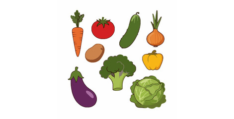 Fototapeta premium Cute cartoon vegetables vector icon set for farm and menu