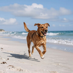 An energetic brown dog runs joyfully on a sunny sandy beach