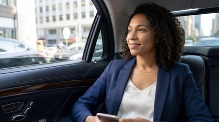 Successful Black businesswoman traveling in the back of a luxury vehicle, looking out the window while holding a smartphone.