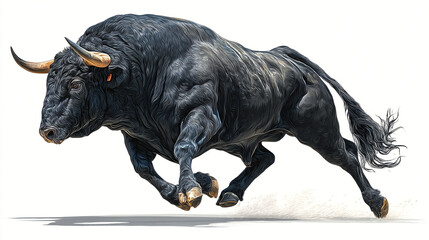 A large black bull with curved horns is running or charging forward with a white background