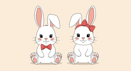 Fototapeta premium Two cute white bunny rabbits are sitting side by side, one wearing a red bow tie and the other sporting a matching red hair bow.