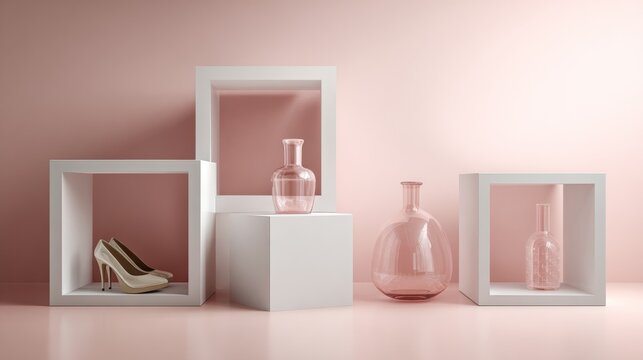 Pink and white perfume bottles in cube frames for modern minimalist beauty product display and branding photography setup