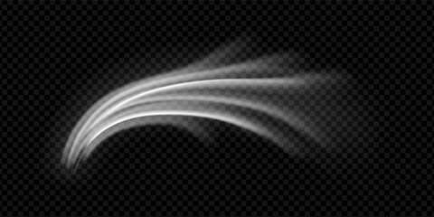 Obraz premium Wind flow with fresh air breeze and white wave on clean black background. Cool stream motion with realistic texture and abstract lines. Vector png for conditioner room display with spray effect