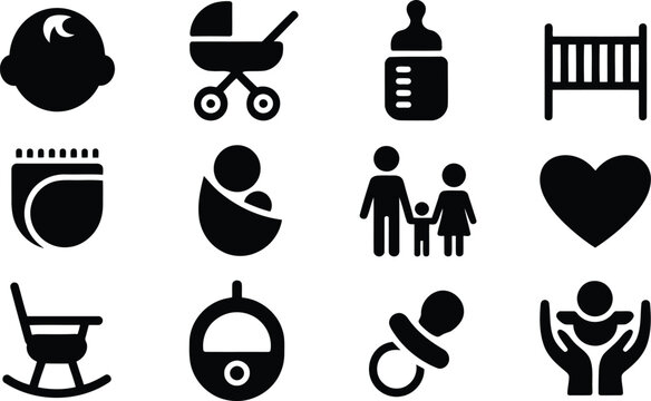 A collection of black silhouette icons representing baby items and family concepts on a clean white background