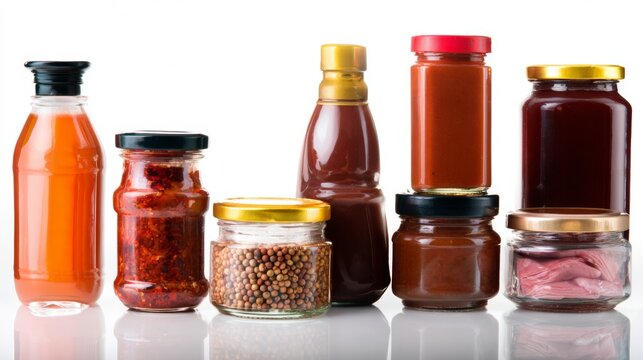 Assorted jars of sauces and condiments on white background for gourmet food product photography branding